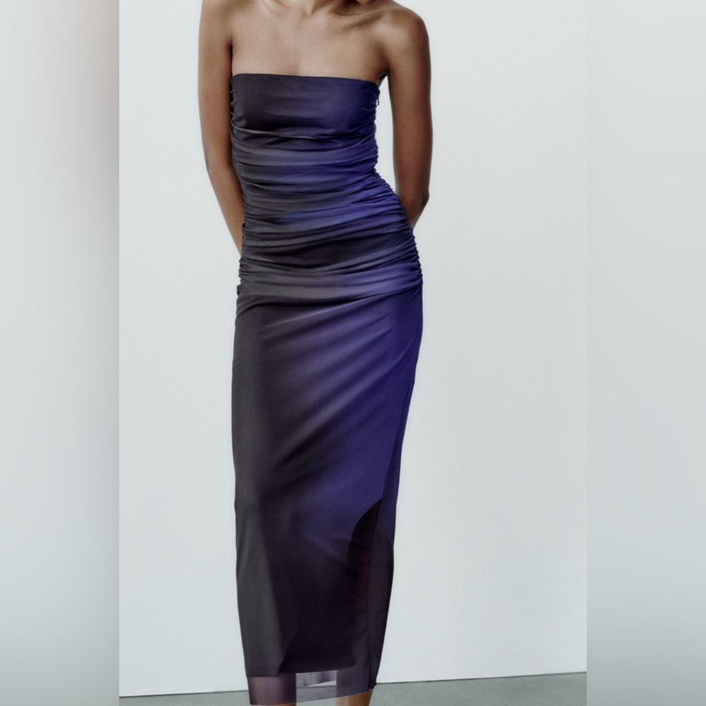 ZARA NWT Woman Size XS FW23 Strapless Blue Black Tulle MIDI Dress With Lining